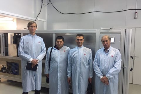 Specialists of the scientific and engineering center S. V. Kartashov, A. A. Lebedev, Yu. V. Kozhukhov, N. I. Sadovsky at the inspection of the climate chamber in the laboratory of the Scientific and technical center of thin-film technologies in energy OOO "NTC "TPT"