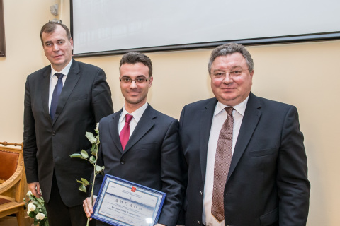 Yu. V. Kozhukhov at the award ceremony of the St. Petersburg Government in the field of scientific and pedagogical activity in 2014. Joint photo with the Chairman of the Committee for science and St. Petersburg Government higher school A. S. Maksimov and rector of Peter the Great SPBSTU A. I. Rudskoy