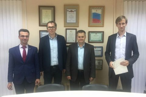 Signing of a cooperation agreement between the "CVRE" Department and the Representative office in Russia and the CIS of the "Ariel international Corporation" company. From left to right: head of the CVRE Department Yu. V. Kozhukhov, engineer of "Ariel international Corporation" P. A. Rogov, head of the representative office in Russia and CIS "Ariel international Corporation" I. A. Legun, Director of the scientific and engineering center "Compressor, vacuum, refrigeration engineering and pneumatic systems" S. V. Kartashov
