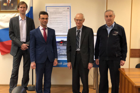 Working visit to the experimental design Bureau by the name of A.Lyulki - a branch of PAO "UMPO". From left to right: Director of the scientific and engineering center "Compressor, vacuum, refrigeration engineering and pneumatic systems" S. V. Kartashov, CVRE Department head Yu. V. Kozhukhov, the chief designer of OKB by the name of A. Lyulki V. Kuprik, Deputy chief designer Yu. Balaban
