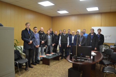 Visit of a group of students from Gazpromneft Khantos, Gazpromneft Yamal, Gazpromneft Orenburg, Gazpromneft Vostok and Messoyakhaneftegaz in the framework of the training course of the center "Compressor, vacuum, compressor equipment and pneumatic systems" to the Arsenal machine building plant. At the photo, a group of students with the Director of the center Sergey Kartashev and and the Director of the Arsenal machine building plant K. V. Chernitsky