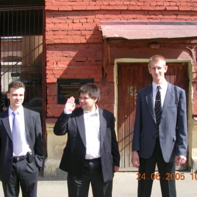 From left to right: Yuri Kozhukhov, Alexander Lebedev and Sergey Kartashov - undergraduates of the Department of Compressor, Vacuum and Refrigeration Engineering of St. Petersburg State Polytechnic University on the day of defense of their final qualifying works. The year 2005.