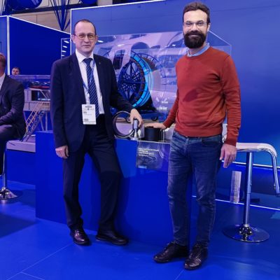 Head of the scientific and engineering group of KVHT&SGTP Yury Kozhukhov with Deputy General Director for Production of Energomash LLC Victor Sedov. St. Petersburg Gas Forum 2023